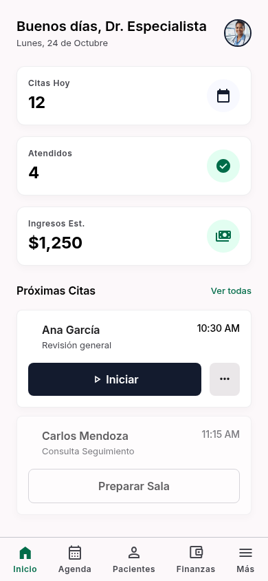 Inicio en el móvil: citas de hoy, atendidos, ingresos estimados y próximas citas con botón Iniciar.